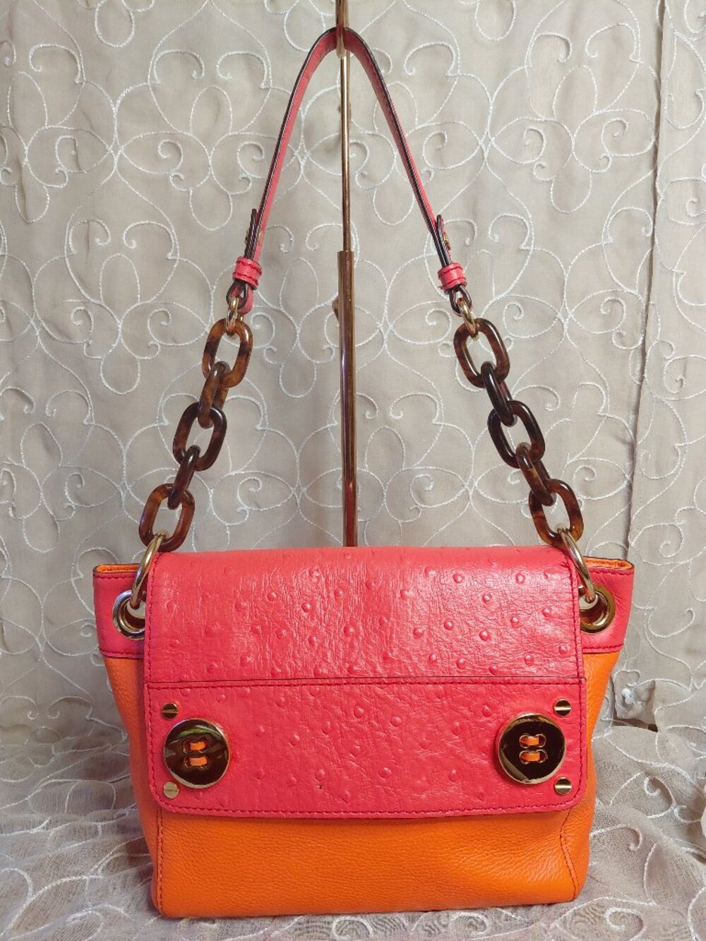Milly Orange Coral Leather Shoulder Bag Ostrich Embossed Flap Tortoise Chain